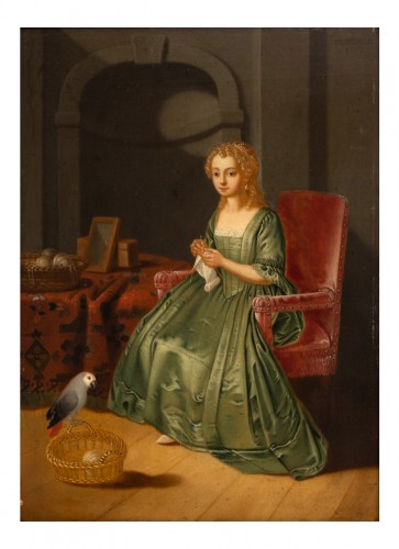 Dame au panier à tricoter, signée Grundman, datée de 1760
