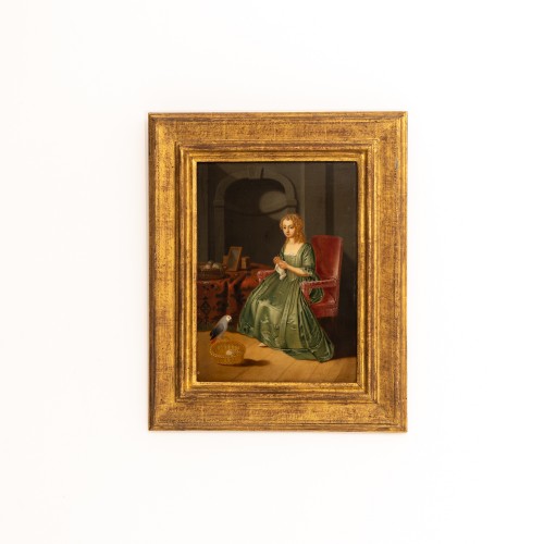 Tableaux et dessins Tableaux XVIIIe siècle - Dame au panier à tricoter, signée Grundman, datée de 1760