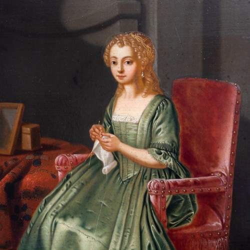 Lady with Knitting Basket, signed Grundman, dated 1760 - 