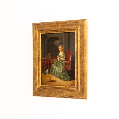 XVIIIe siècle - Dame au panier à tricoter, signée Grundman, datée de 1760