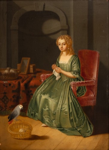  - Dame au panier à tricoter, signée Grundman, datée de 1760