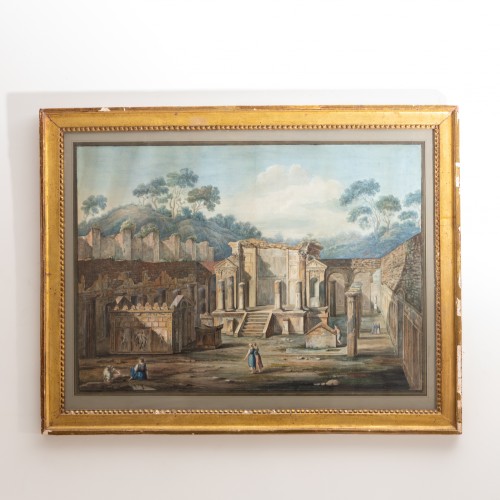 Watercolor of a temple ruin, probably 19th century - Paintings & Drawings Style 