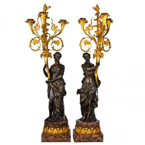 Pair of fire-gilt bronze Candelabras, stamped Raingo, France, Mid-19th Cent