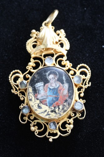 Antique Jewellery  - A rare pendant double-sided, verre eglomisé Sint Barbara and Sint Catherine