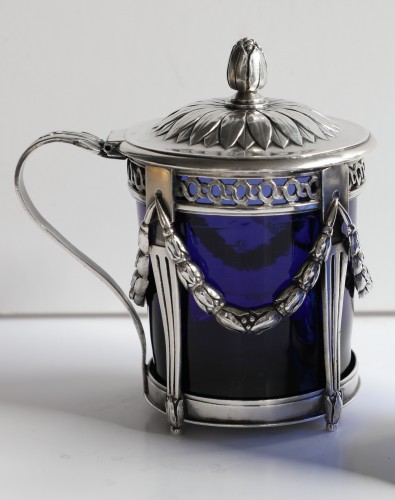 Silver sugar caster and mustard pot, with cobalt blue glass,  Antwerp, 18th - Antique Silver Style Louis XVI
