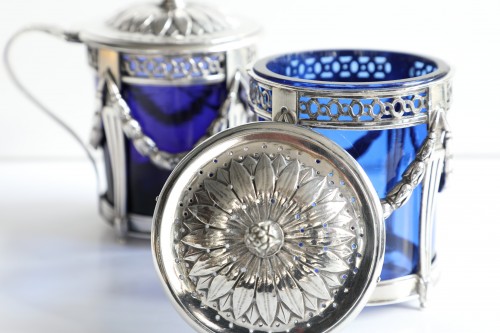 Antique Silver  - Silver sugar caster and mustard pot, with cobalt blue glass,  Antwerp, 18th