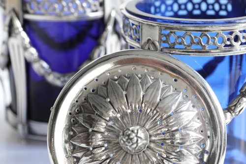 Silver sugar caster and mustard pot, with cobalt blue glass,  Antwerp, 18th - 