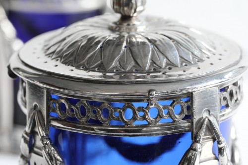 18th century - Silver sugar caster and mustard pot, with cobalt blue glass,  Antwerp, 18th