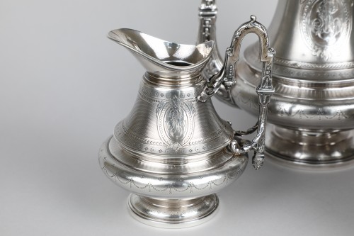 Coffee service on pedestal in guilloche silver and Napoleon III period  - Antique Silver Style Napoléon III