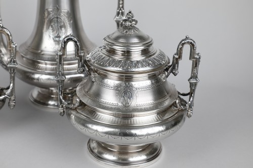 19th century - Coffee service on pedestal in guilloche silver and Napoleon III period 