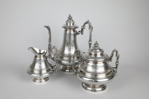 Napoléon III - Coffee service on pedestal in guilloche silver and Napoleon III period 