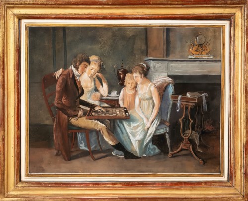 Game of checkers, Late 18th-century gouache - Paintings & Drawings Style Directoire