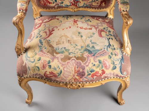 Set of five tapestry armchairs Louis XV period mid 18th  - 