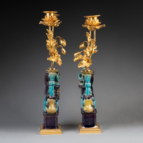 Antiquités - Paire de lions bouddhiques Chine XVIIIe siècle