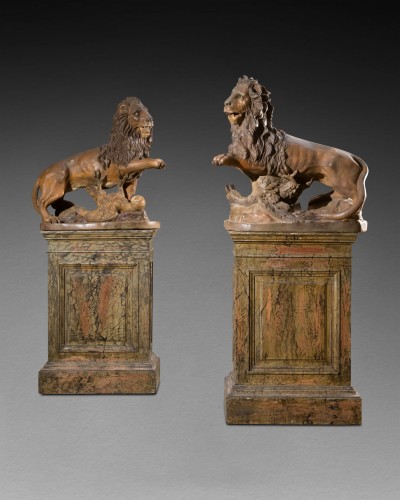 Pair of painted terracotta lions late XVIIIth, early XIXth century - Sculpture Style Directoire