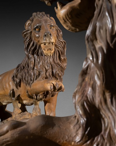 18th century - Pair of painted terracotta lions late XVIIIth, early XIXth century