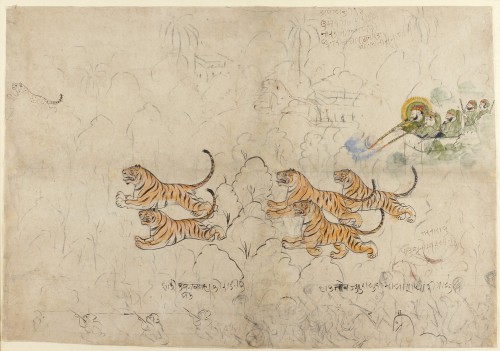 Dessin aquarelle de Maharao Ram Singh de Kota et de ses fils Huntin