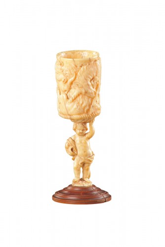 A Finely Carved Goblet and Support Raised Upon a Turned Pear-Wood Base