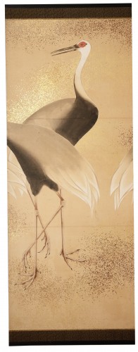 XIXe siècle - Grand Paravent à huit feuilles "Byobu" avec neuf grues Manchurian