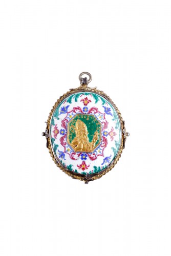 A Rare Berlin Silver Gilt Mounted Rock Crystal and Enamel Pendant