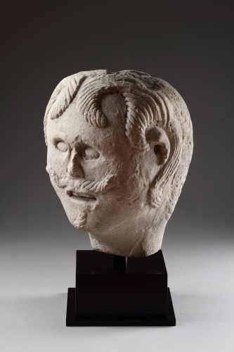 Sculpture  - A Large European Carved Limestone Celtic Votive Head of a Male