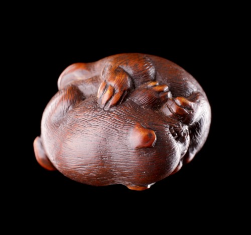 Asian Works of Art  - A Finely Carved Wood Netsuke of Two Puppy Dogs Playing 