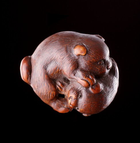 A Finely Carved Wood Netsuke of Two Puppy Dogs Playing  - 