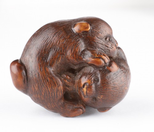  - A Finely Carved Wood Netsuke of Two Puppy Dogs Playing 