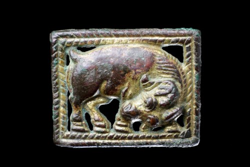 Asian Works of Art  - Chinese Gilded Bronze Open Work Mirroring Belt Plaques