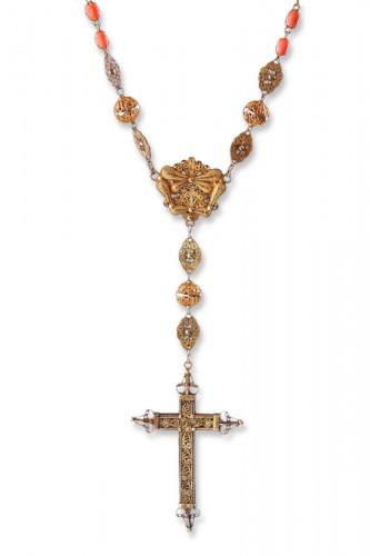 Spanish Gold Filigree and Coral Bead Rosary 