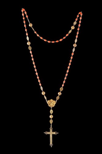 Spanish Gold Filigree and Coral Bead Rosary  - Religious Antiques Style 
