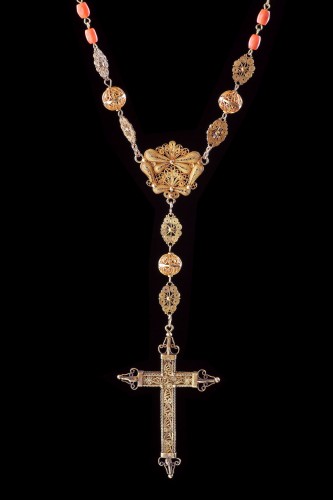 Spanish Gold Filigree and Coral Bead Rosary  - 