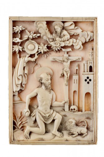 Rare Portuguese Macao Carved Ivory Devotional Plaque Depicting St Jerome 