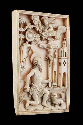 Sculpture  - Rare Portuguese Macao Carved Ivory Devotional Plaque Depicting St Jerome 