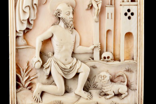 Plaque de dévotion en ivoire sculpté représentant Saint Jérôme,  Macao portugais - Finch and Co