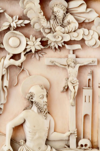 17th century - Rare Portuguese Macao Carved Ivory Devotional Plaque Depicting St Jerome 