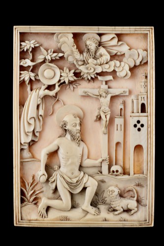 Rare Portuguese Macao Carved Ivory Devotional Plaque Depicting St Jerome  - 