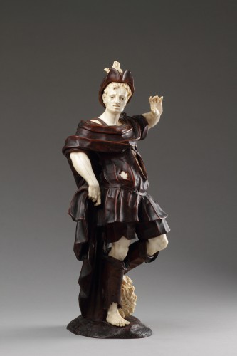 Antiquités - David et Goliath, figure baroque en bois de noyer et ivoire - Allemagne du Sud vers 1740 - 1750