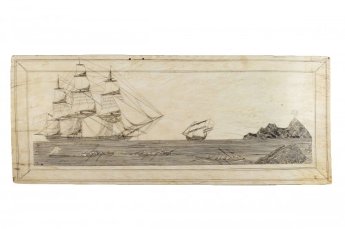 Grande plaque en os de baleine Scrimshaw de marin