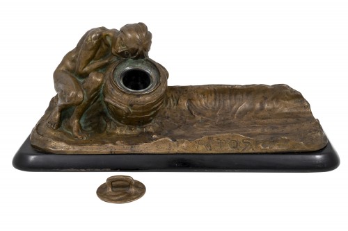 Inkwell &quot;Repos&quot; (Rest) Gustav Gurschner Bronze Marked - Art nouveau