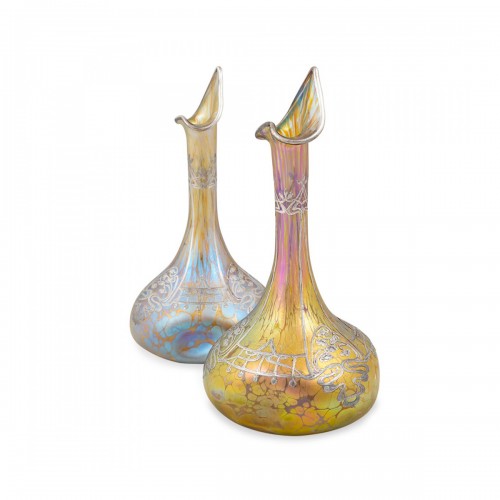 Paire de vases avec recouvrement d'argent Loetz Candia Papillon décoration vers 1900