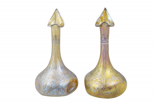Pair of vases with silver overlay Candia Papillon decoration Loetz ca. 1898 - Glass & Crystal Style Art nouveau