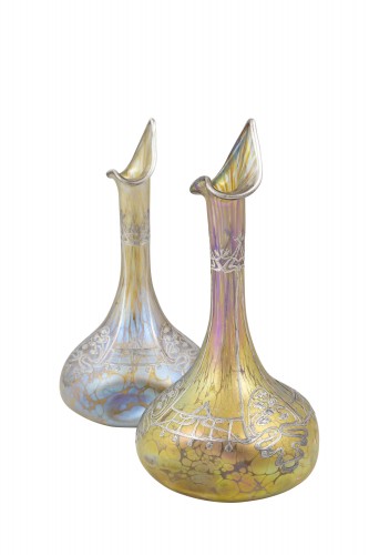 Glass & Crystal  - Pair of vases with silver overlay Candia Papillon decoration Loetz ca. 1898