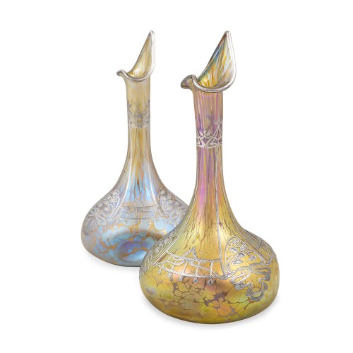 Pair of vases with silver overlay Candia Papillon decoration Loetz ca. 1898 - 