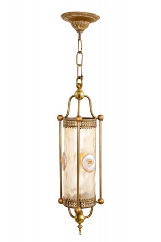 Suspension avec abat-jour en verre, décor « Nautilus » de Loetz, vers 1902 - Luminaires Style Art nouveau