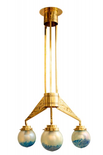 20th century - Jugendstil chandelier with glass shades Loetz Orchis decoration ca. 1902