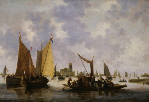 Hendrick de Meijer -  Sailing Vessels and a Ferry on the Oude Maas River