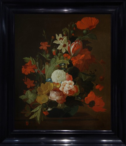 Nature morte avec des tulipes et volatiles - Maître des Pays-Bas du Nord dernier quart du XVIIe siècle  - Tableaux et dessins Style Louis XIV