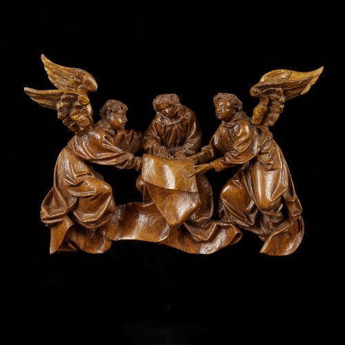 Saint John soutenu par les Anges, Pays-Bas du Nord fin du 15e siècle - Sculpture Style Moyen Âge