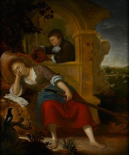 A young Shepherdess sleeping with  a Boy teasing her - Bartholomeus Maton (1641/6 –1684)